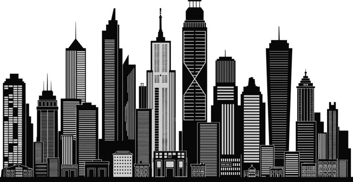 Modern black and grey city skyline vector illustration with detailed skyscrapers isolated on white background for architectural design