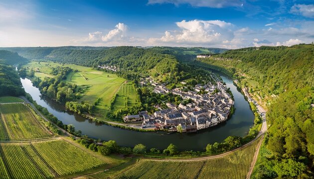 panoramic aerial view of green hills french old village meuse river meandering montherme ardennes france