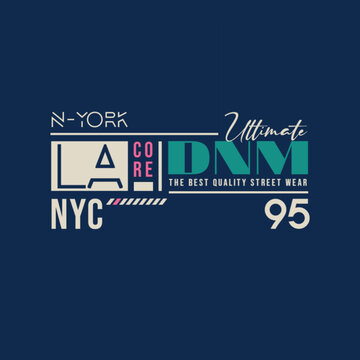 Modern NYC denim typography T-shirt design featuring bold geometric lettering, streetwear aesthetics, clean layout, fashion branding elements, and contemporary urban style.
