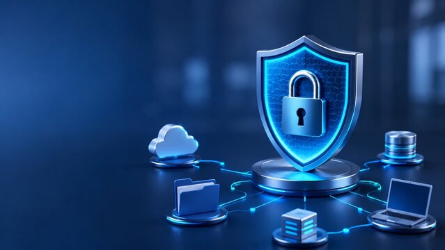 Cybersecurity protection concept with shield, lock, cloud, server, and laptop network