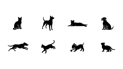 Fototapeta premium Collection of black silhouettes of domestic animals and pets on transparent checkered background.