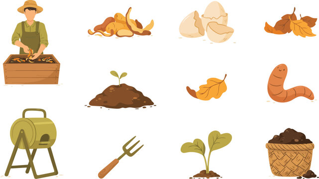 Set of composting process elements including farmer, organic waste, compost bin and garden tools