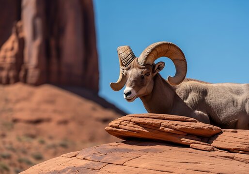 Majestic Bighorn Sheep Rests on Red Rock Formations Under Clear Blue Sky