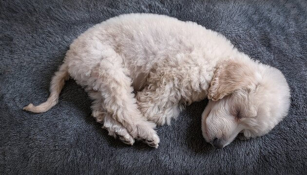 cream standard poodle puppy sleeping on gray rug overhead view