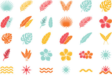 Vibrant exotic flower and tropical leaf collection featuring hibiscus blooms and palm fronds for summer beach patterns © MDMUKTADIR