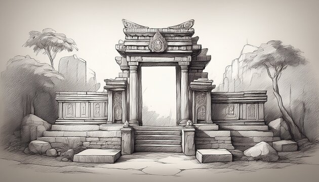 a sketch of an ancient temple with a gate