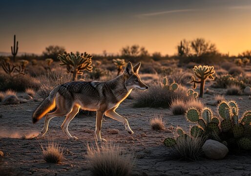 Coyote Walking Through Desert Landscape at Sunset