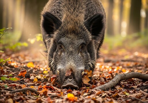 Wild Boar Foraging on Forest Floor Amidst Autumn Leaves