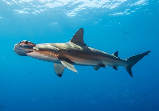Great Hammerhead Shark Swims Gracefully Through Clear Blue Ocean Waters