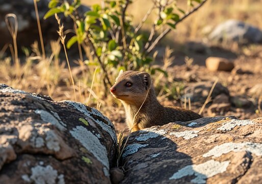 Curious Dwarf Mongoose Peeking over Rocks in African Sunlight