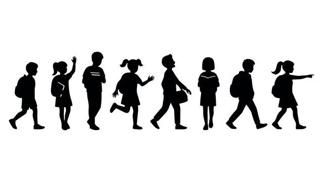 Silhouette of diverse school children walking with backpacks and books in a line on transparent background ready for education.
