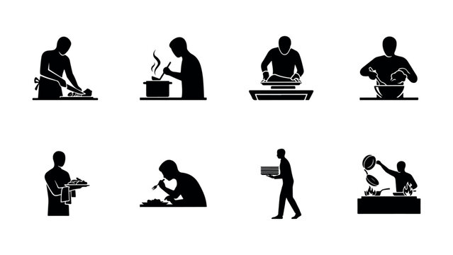 Collection of cooking icons showing different food preparation steps like chopping, boiling, serving on transparent background.