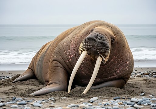 Majestic Walrus Rests on Pebble Beach with Ocean in Background