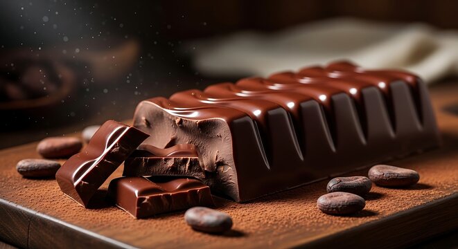 Melted Dark Chocolate Bar Pieces on Wooden Board with Cocoa Beans