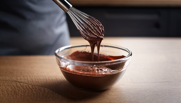 close up of chocolate brownie batter dripping from whisk into bowl