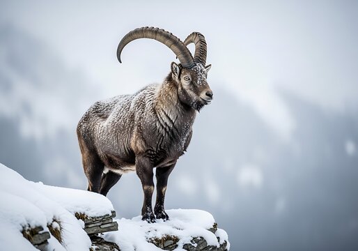 Majestic Alpine Ibex Stands Proudly on Snowy Mountain Peak