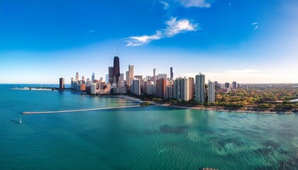Obraz premium chicago skyline aerial drone view from above lake michigan and city of chicago downtown skyscrapers cityscape bird s view from lincoln park illinois usa