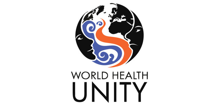 World health unity logo with map of globe and stylized human faces integrated with swirling waves.