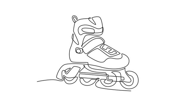 Self drawing animation of single line draw chunky recreational inline skate. Protective padded boot, ankle strap fastener, four wheels for active lifestyle. Continuous line draw. Full length animated