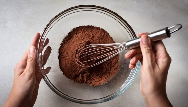 hands whisking cocoa powder in glass bowl for chocolate brownie batter
