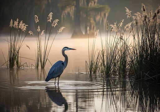 Great Blue Heron Standing in Calm Water with Tall Reeds at Sunrise