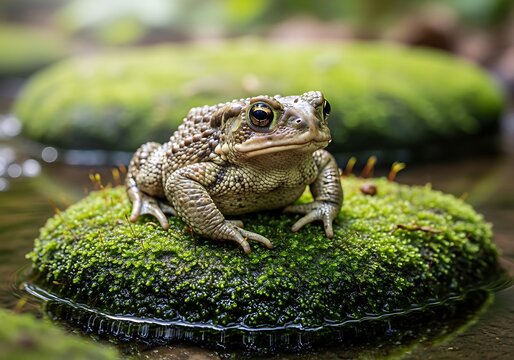 Detailed Toad Sits on Mossy Rock in Shallow Water Close Up
