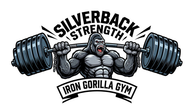 Muscular silverback gorilla lifting a heavy barbell. Gym mascot logo illustration with text Silverback Strength and Iron Gorilla Gym. on transparent background.