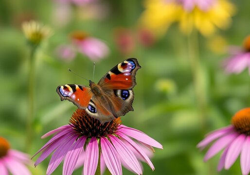 Peacock Butterfly Resting on Pink Echinacea Flower