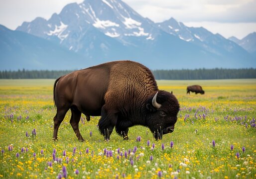 American Bison Grazing in a Wildflower Meadow with Mountains