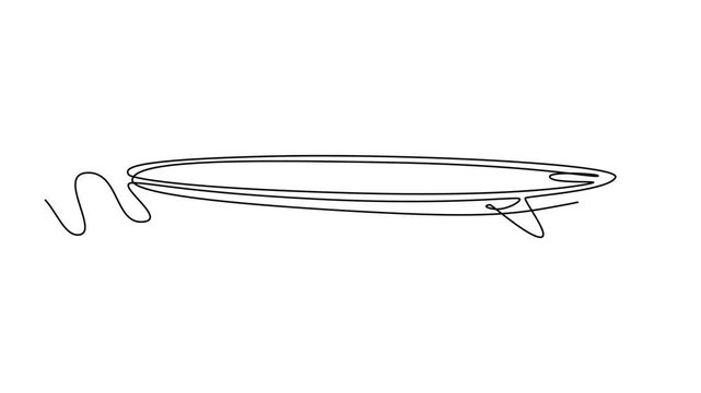 Animated self drawing of continuous line draw surfboard resting on gentle water swells, rear fin clearly visible, embodying calm, peaceful ocean surfing experience. Full length single line animation