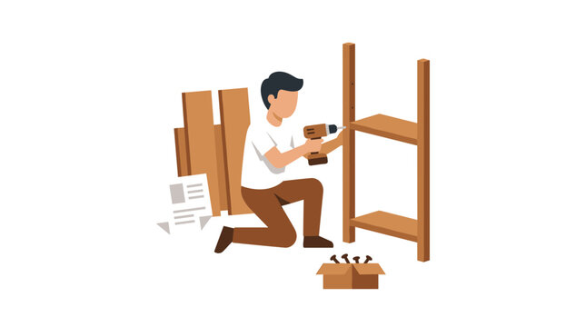 Man assembling flat pack furniture, shelves, or a bookcase, using a drill, DIY home improvement project, pixel art style, isolated illustration