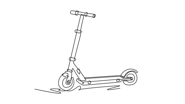 Animated self drawing of continuous line draw modern electric kick scooter. Slim standing deck plate, dual wheels, and T-bar handlebar frame for eco city commuting. Full length single line animation