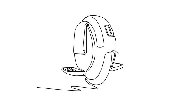 Animated self drawing of continuous line draw self-balancing electric unicycle. Its compact circular wheel shell casing and foldable metal footrests for micro-mobility. Full length one line animation