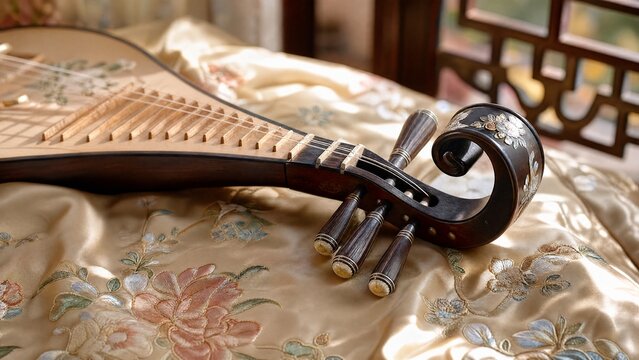 pipa. Exquisite pipa lute resting on embroidered silk fabric with curved headstock. event programs, museum guides, designed for cultural heritage projects and event programs, preserves heritage.