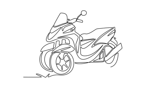 Animated self drawing of continuous line draw three wheeled scooter maxi bike, showcasing its dual front tires, windshield, and aerodynamic body for city transportation. Full length one line animation