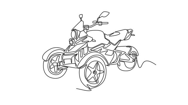 Animated self drawing of continuous line draw innovative three-wheeled maxi scooter. Its distinctive dual front tire layout, and stylized aerodynamic fairing paneling. Full length one line animation