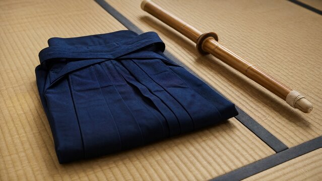 hakama. A neatly folded deep blue hakama and bamboo sword on tatami mat flooring. event programs, museum guides, designed for cultural heritage projects and event programs, supports education.