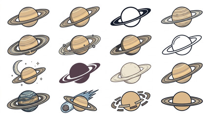 Collection of Saturn planet illustrations with rings and moons. © nico