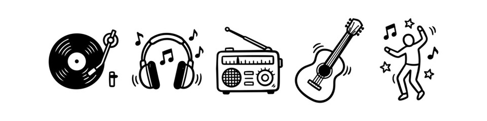 Hand-drawn music and dance icons: turntable, headphones, radio, guitar, and dancer. Black and white doodle style for creative projects.