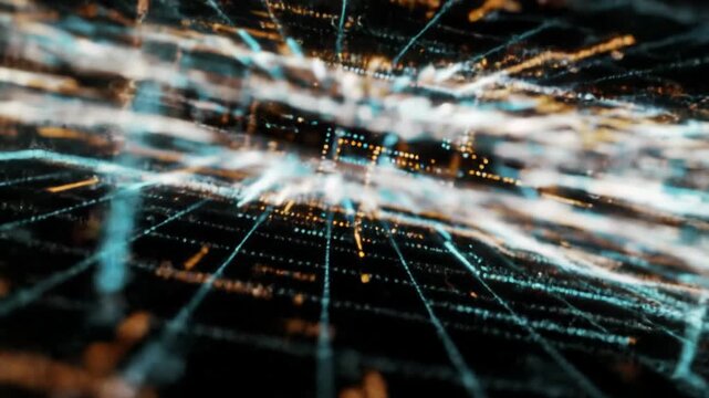 Establishing wide-angle video reveals vibrant, hyper-luminous particles and lines in an infinite digital grid, evolving into intricate, interconnected network patterns with intelligent internal