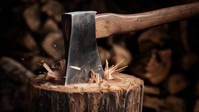 splinters. A heavy woodcutter's axe embedded in a thick log with splintered wood. safety posters, maintenance manuals, designed for industrial assembly lines and welding operations.