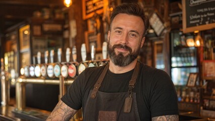 Fototapeta premium upper. Professional bartender in pub environment, upper body shot with beer tap background. bar promotions, beverage menus, designed for food & beverage menus and cafe branding.