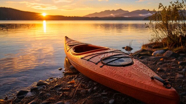 hull. Kayak resting on lakeshore at golden hour, water droplets glistening on its hull. mobility guides, transit brochures, designed for transport & logistics marketing, improves user orientation.