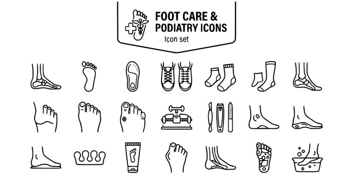 Foot Care Podiatry Outline Icon Set Foot Anatomy Footprint Insole Shoelace Sock Styles Ankle Heel Toe Corn Callus Massager Pedicure Blister Orthotic Insert Arch Separator 20 Icons Editable Strokes 