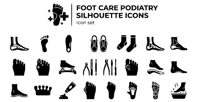 Foot Care Podiatry Silhouette Icon Set Foot Anatomy Footprint Insole Shoelace Sock Ankle Heel Toe Corn Callus Massager Pedicure Blister Orthotic Arch Separator Cream Bunion 20 Icons Editable Strokes 