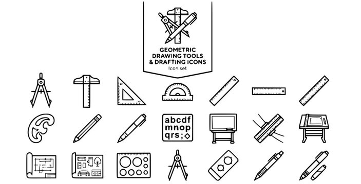 Geometric Drawing Tools Drafting Outline Icon Set Compass T-Square Set Square Protractor Ruler French Curve Drafting Pencil Technical Pen Drawing Board Blueprint Scale Ruler 20 Icons Editable Strokes 