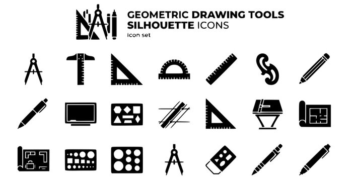 Geometric Drawing Tools Silhouette Icon Set Compass T-Square Set Square Protractor Ruler French Curve Drafting Pencil Technical Pen Drawing Board Blueprint Scale Architectural 20 Icons Editable Stroke