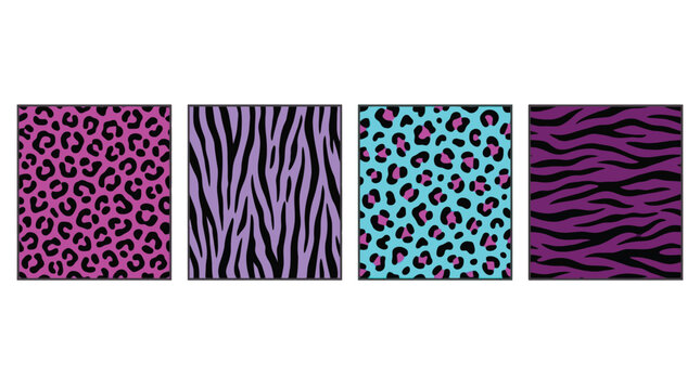 Vibrant neon animal print vector illustration featuring leopard spots and zebra stripes in colorful patterns