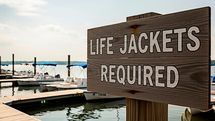 Obraz premium A wooden sign with the words LIFE JACKETS REQUIRED at a marina, conveying safety regulations and a recreational boating environment.