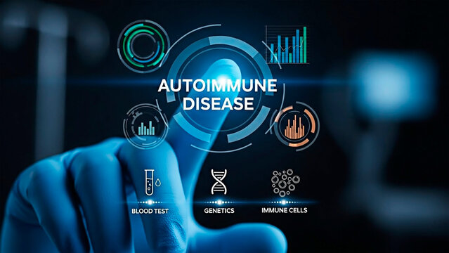 A finger pointing at a holographic display of Autoimmune Disease with icons for blood test, genetics, and immune cells, representing the concept of medical research and health technology.